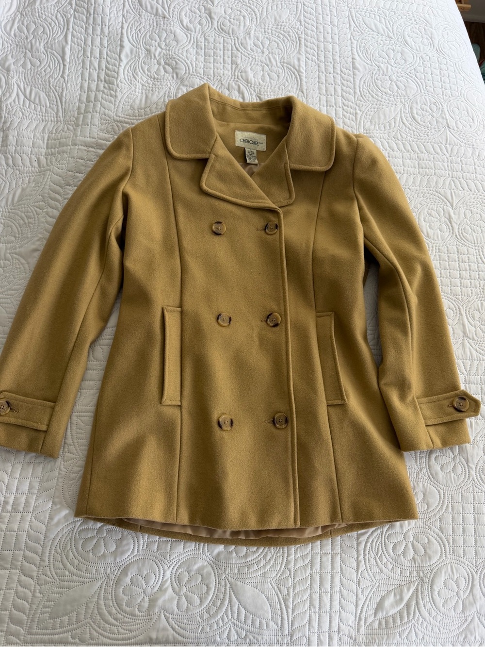 Vintage Cherokee Double-Breasted Pea Coat Tan Camel Medium Wool Jacket